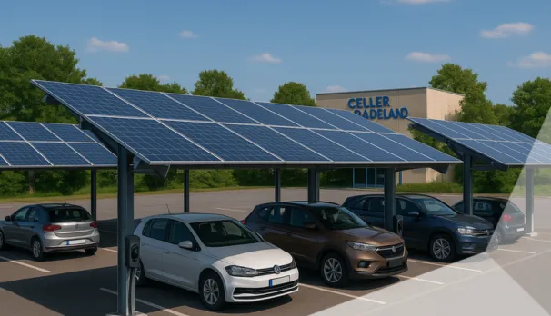 Autos beim Aufladen am Parkplatz unter Solarpanels